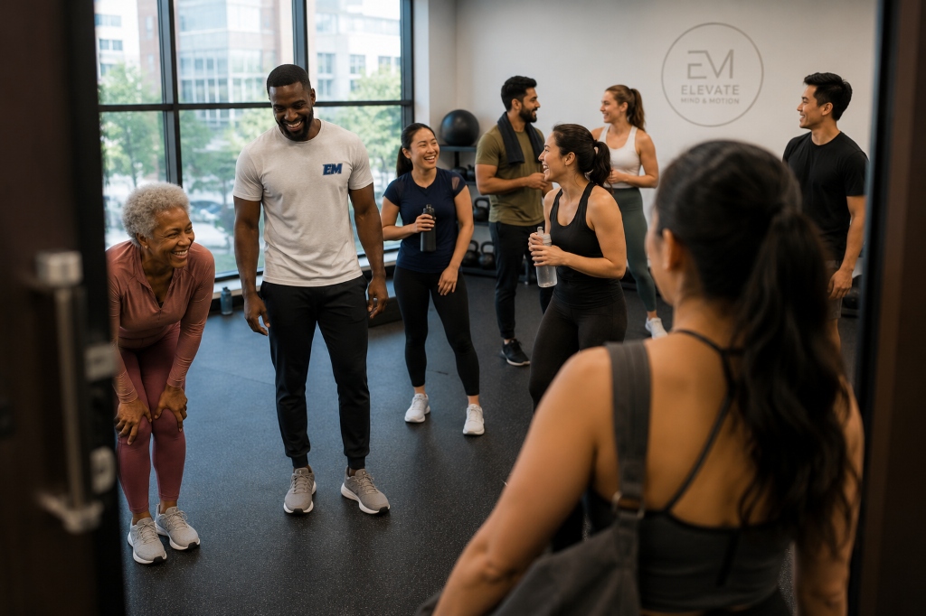 A group of diverse people in a bright, modern gym chatting and laughing together, demonstrating community, warmth, and inclusion