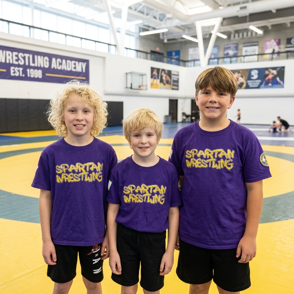 Young athletes in Spartan Wrestling shirts