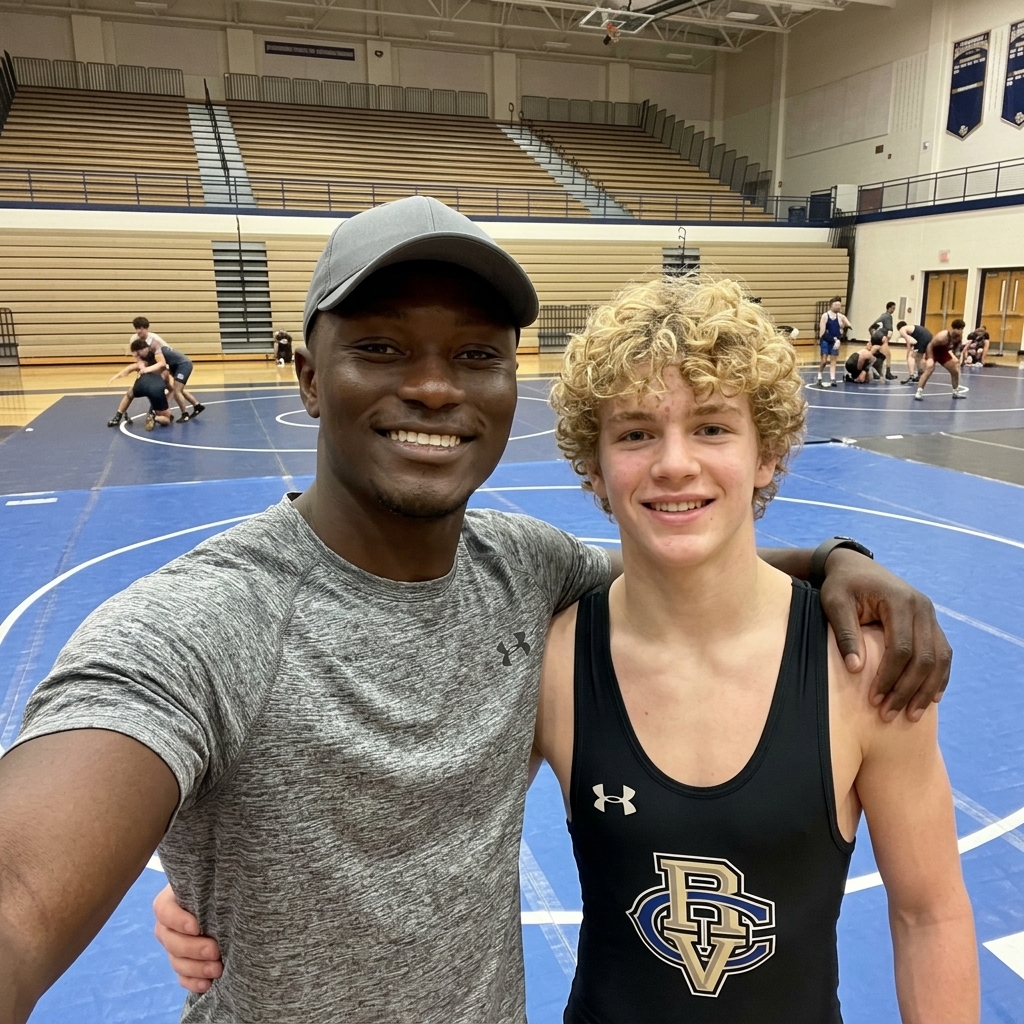 Emmanuel coaching a youth wrestler