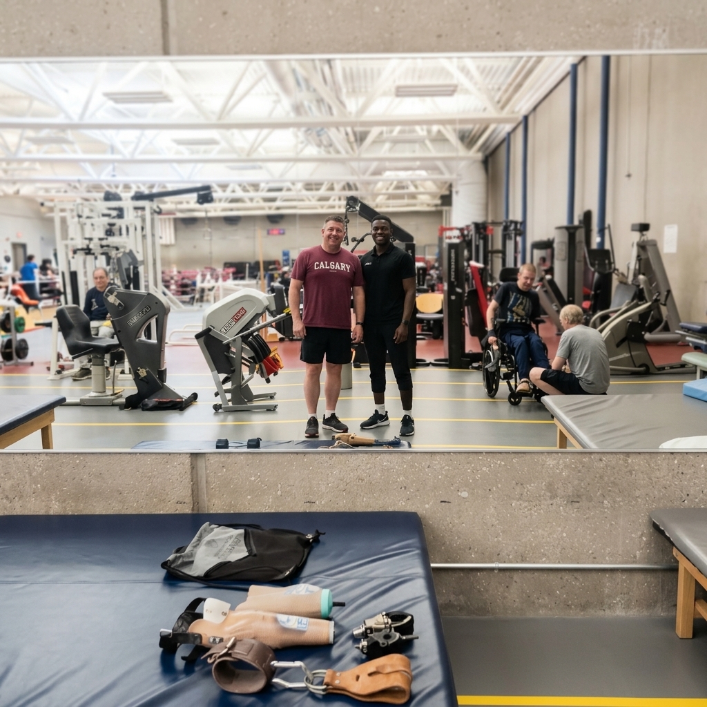 Trainer guiding an adaptive fitness client in the gym