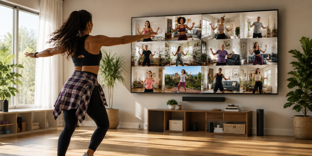 Dance With Grace online class led by Emmanuel showing a TV displaying video feeds of remote participants