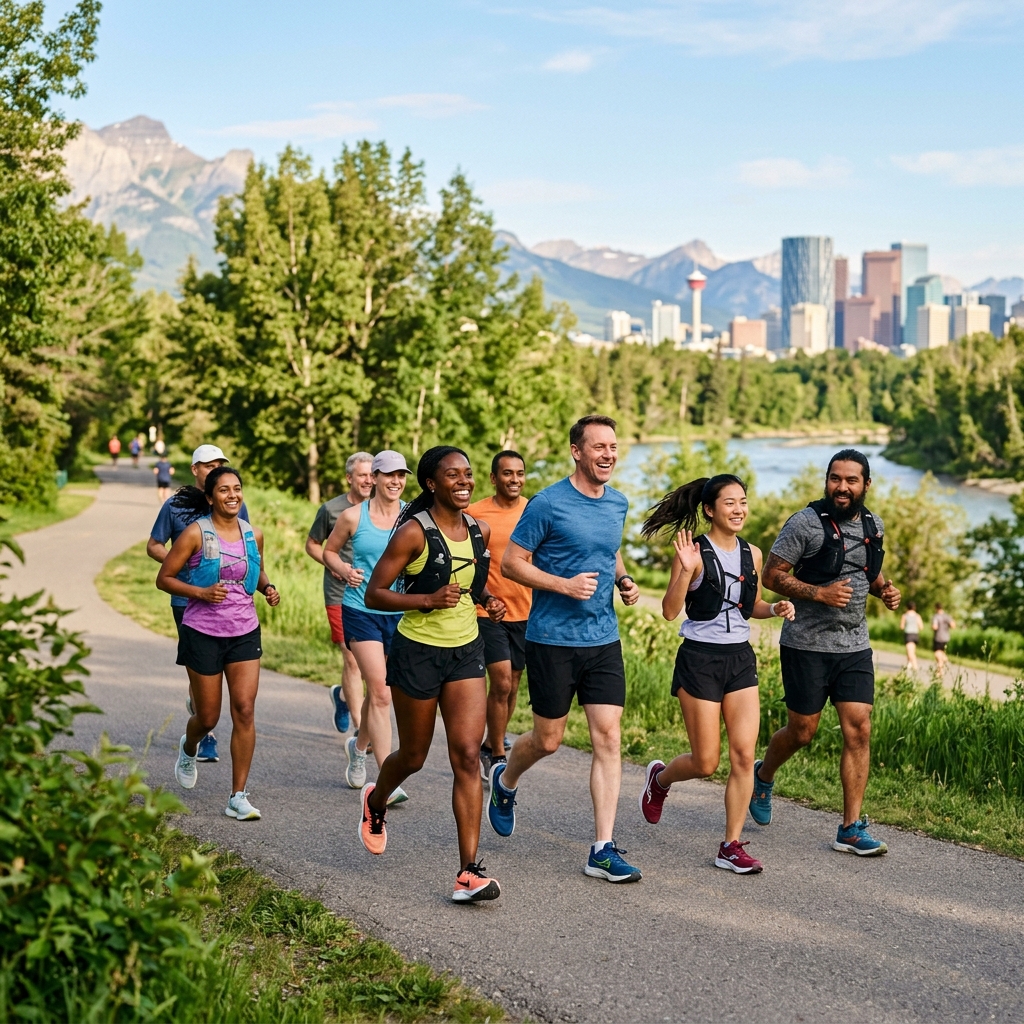 A friendly group of recreational runners jogging together