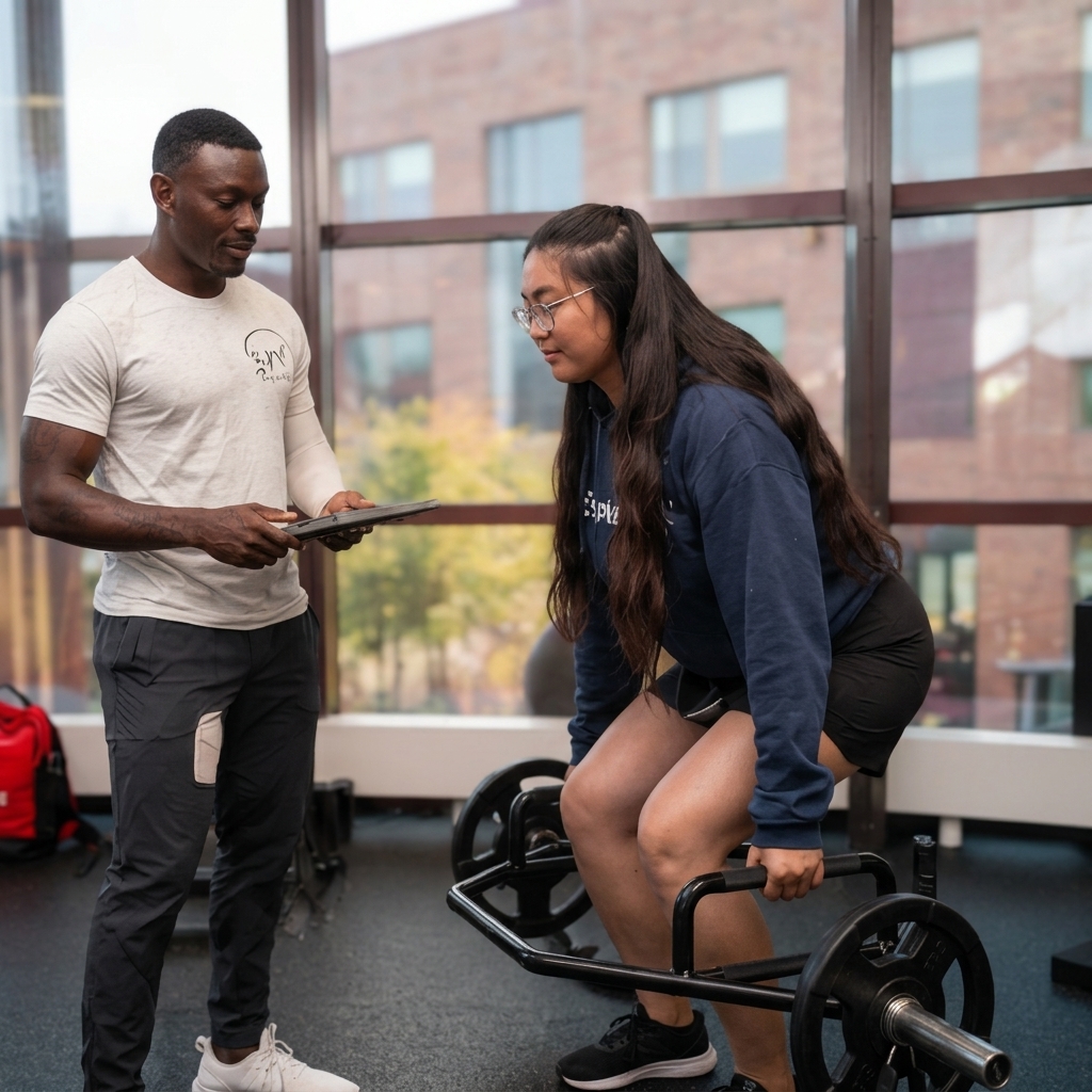 Trainer Emmanuel coaching a client through a trap bar deadlift in the gym, illustrating personalized guidance, safety, and functional strength work