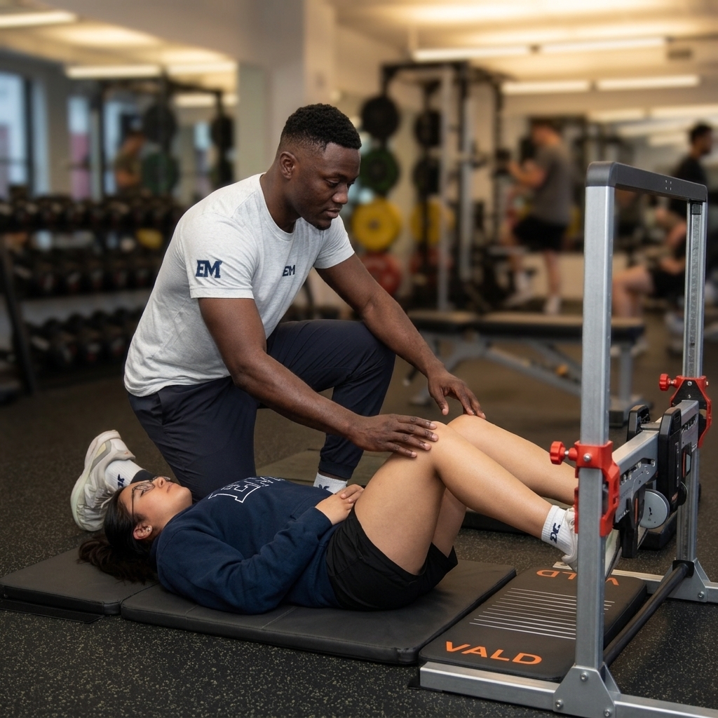 Trainer Emmanuel assisting a client testing leg extension strength on a black mat in the gym, illustrating custom kinesiology testing and guidance